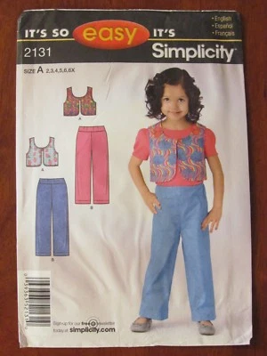 SIMPLICITY PATTERN - 2131 TODDLER GIRL'S PANTS SHAPED BAND VEST 2 - 6X UNCUT - Image 1 of 2