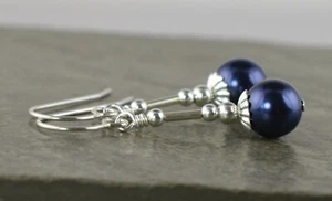 Dark Navy Night Blue Crystal Pearl & Sterling Silver Drop Earrings with Gift Box - Picture 1 of 7