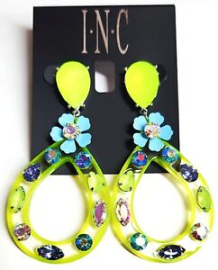 INC Open Silhouette Mixed Flower Stone Earrings Neon Yellow Multi-Color NWT