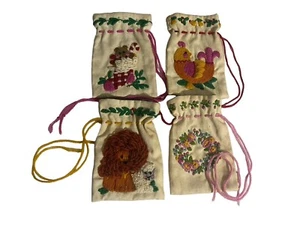Vintage Hand Embroidered Jewelry Bag Lot Of 4 Lion Sheep Bear Flowers RARE - Picture 1 of 16
