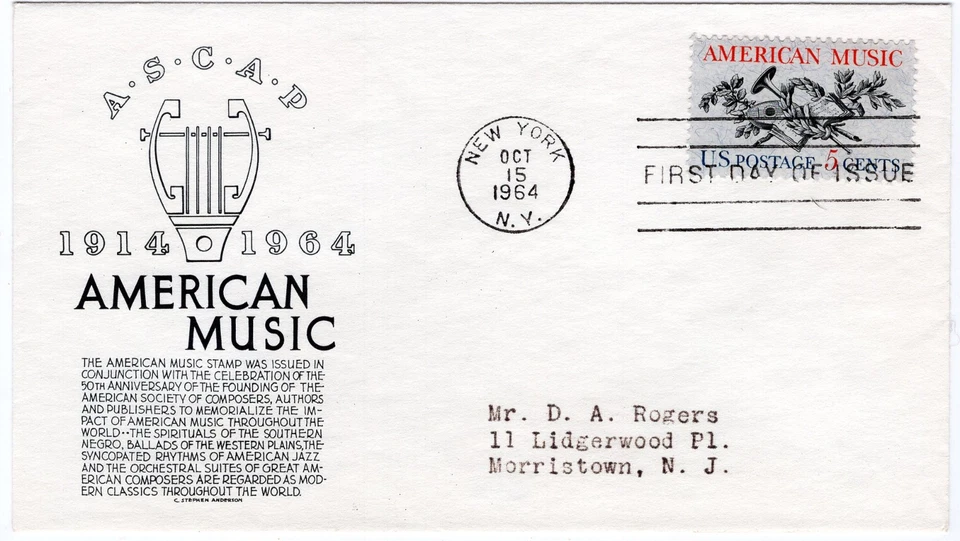 1964 FDC 1252 Американская музыкальная индустрия, C. Стивен Андерсон черный кеш - Изображение 1 из 1