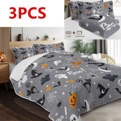 Juego de 3 PIEZAS Edredón Gris Halloween Calabaza Murciélago Edredón Cobertor para Todas las Temporadas Reina Foto 1 de 4