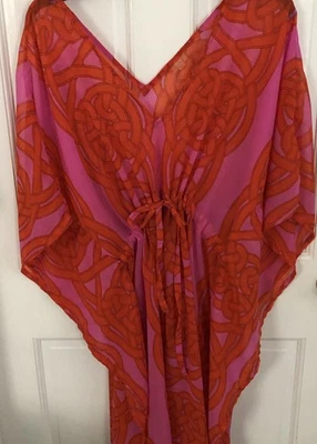Vestido Echo Kaftan Encubrimiento Transparente Rosa Sedoso y Naranja Geométrico Cintura Corbata Talla 1 Foto 1 de 4