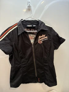 Harley Davidson Women’s Size Medium/Large Zippered Blouse Top Embroidered Black - Picture 1 of 10