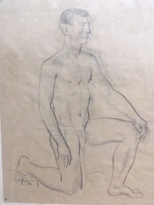 Schöne große Zeichnung nackter Mann 1946 kniend Mine Blei Kohle 20. Jh. zu identifizieren - Bild 1 von 9
