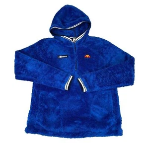 Vintage 00s Blue Ellesse Fluffy Fleece 1/4 Zip Hooded Embroidered Jumper M - Picture 1 of 4