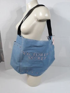Neu mit Etikett Victoria's Secret Beuteltasche Seesack Strandtasche Baumwolle Denim Nieten blau - Bild 1 von 9