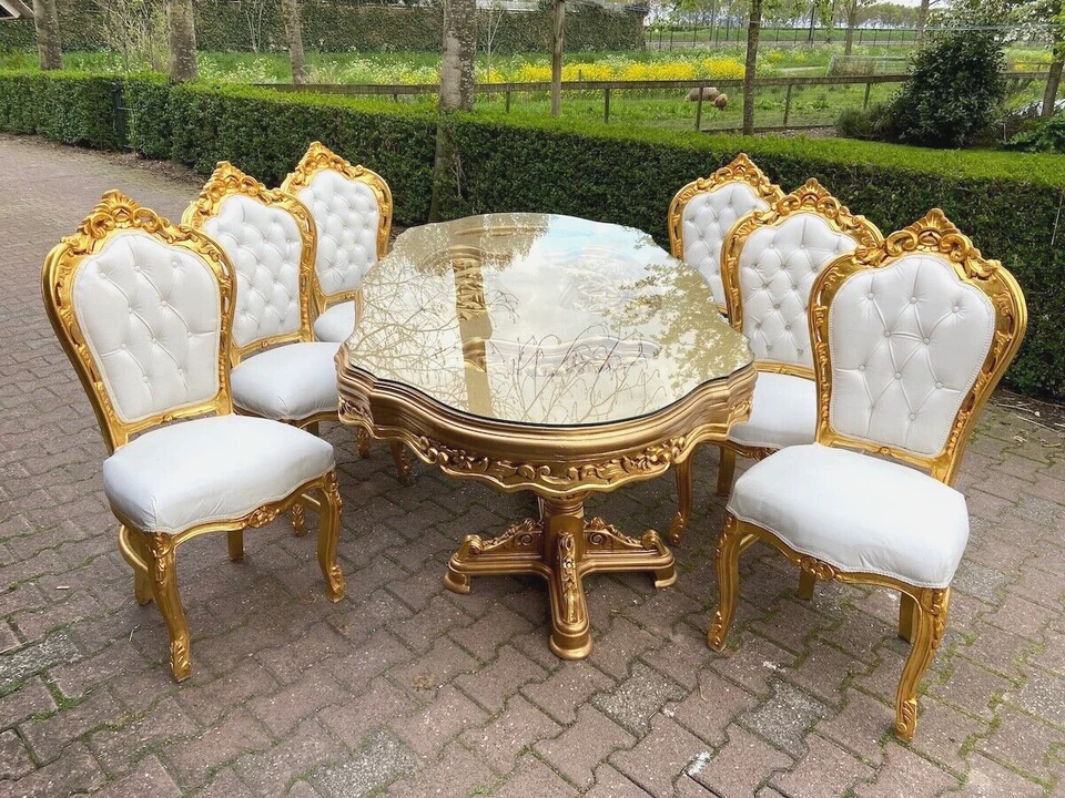 Juego de comedor mesa con sillas barroco italiano 7 piezas hoja de oro cuero blanco Foto 1 de 4