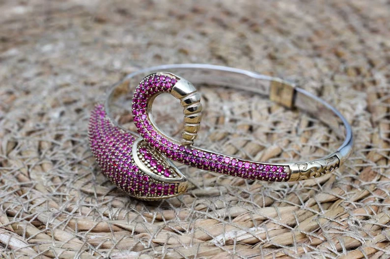 Elegant Snake Shape With 3.52 CT Round Cut Pink Ruby 935 Silver Bangle Bracelet - Image 1 of 4