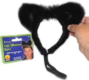 Deluxe BLACK CAT MOUSE EARS Furry Headband Mickey Minnie Costume Hat Rat Kitty - Picture 1 of 5