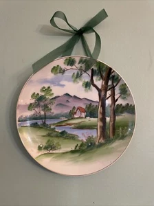 Hand painted Decorative Hanging Plate Cottage River Lake Mountain Scene - Picture 1 of 4