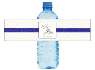 Blue Glitter & Pin Stripes Wedding Birthday Anniversary Water Bottle Labels - Image 1 of 4