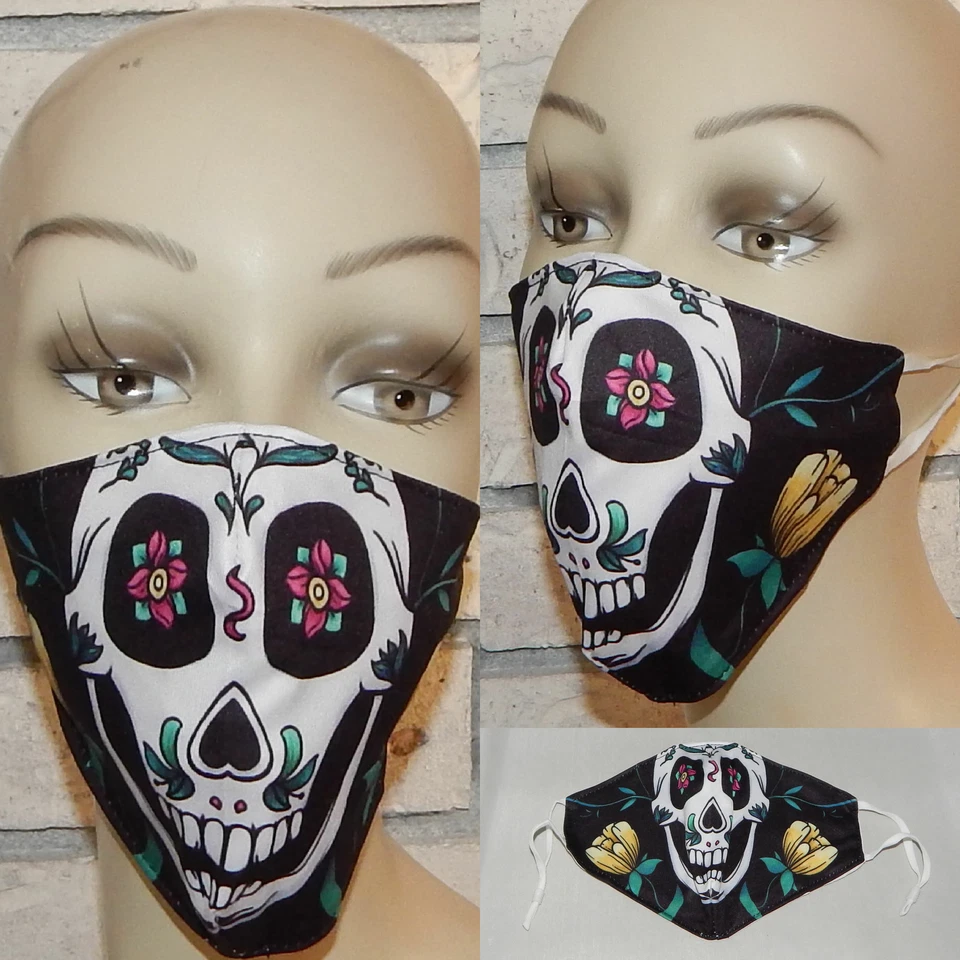 SUGAR DAY OF DEAD SKULL PINK YELLOW FLOWERS WASHABLE COTTON ADJUSTABLE FACE MASK - Image 1 of 1
