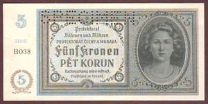 BOHEMIA & MORAVIA 5 Kronen/Korun ND (1940) SPECIMEN Gem UNC - Picture 1 of 2