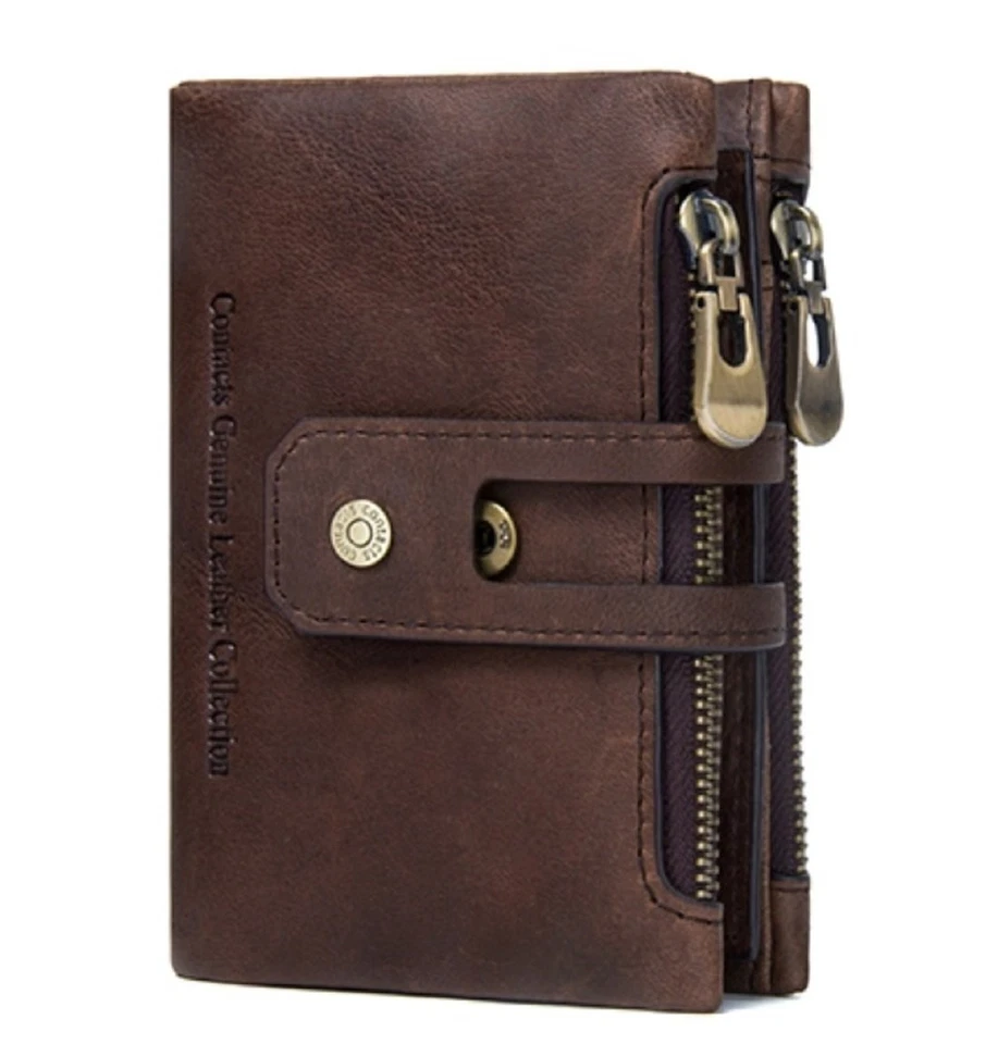 Men's Genuine Leather Wallet RFID Blocking Wallet for Men 2 Zipper Compartment - Image 1 of 4
