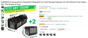 DURABLEZ 4 Compartment Separable Collapsible Car Trunk Storage Organizer, GREY - Picture 1 of 11