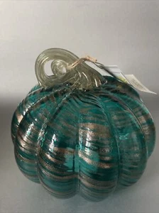 NEW 8" wide Art Glass Pumpkin TEAL BLUE GREEN Gold Swirl Translucent LED Lighted - Picture 1 of 9