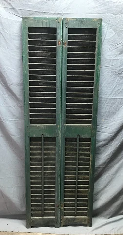 Pair Antique Window 11x62 Wood Louvered Shutters Shabby Green Old VTG 1108-23B Cover