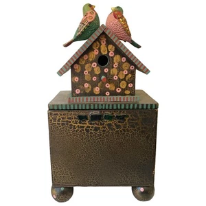 Handcrafted Hand Painted Wooden Birdhouse Decor with Wooden Birds on Roof - Picture 1 of 7