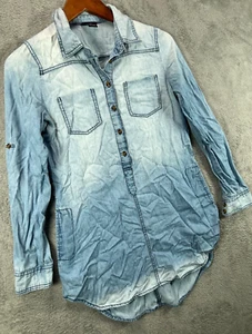 RUE21 Womens Small Tunic Blue Faux Denim Mini Dress Long Sleeve Distress Pockets - Picture 1 of 14