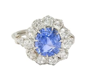 Art Deco 4.14 CTW No Heat Ceylon Sapphire Diamond Platinum Vintage Halo Ring GIA - Picture 1 of 13