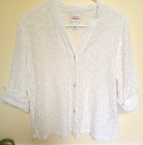 RUBY RD 3/4 Sleeve White Lace-like Button Front V Neck Cotton Blend Jacket M - Picture 1 of 5