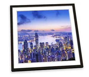 Hong Kong City Harbour Sunset Blue FRAMED ART PRINT Picture Square Artwork - Picture 1 of 5