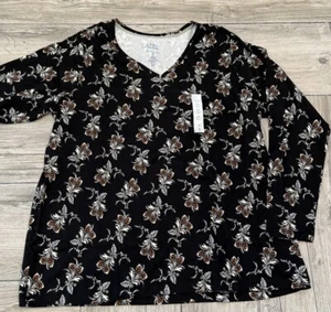 Croft & Barrow Plus Size Black Brown White Floral The Classic Tee V Neck T-Shirt - Picture 1 of 4