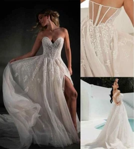 Applique Wedding Sweetheart Dresses A Line Split Train Sleeveless Ruffles Custom - Picture 1 of 18