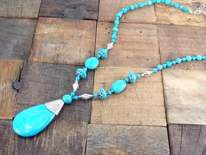 Turquoise stone beaded necklace with large teardrop shape pendant silver beads - Picture 1 of 11
