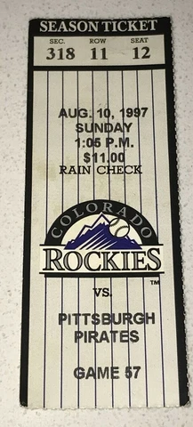 8/10/97 MLB Pittsburgh Pirates Rockies Coors Field Game Used Season Ticket Stub Cover