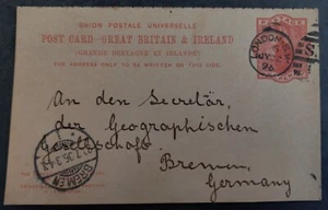 1896 Great Britain Postcard and Reply Card ties 2 Stamps cd London - Picture 1 of 4