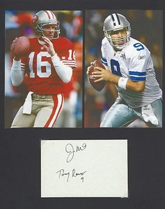 TONY ROMO & JOE MONTANA RARE DUAL SIGNED 3x5 AUTOGRAPH DISPLAY w/COA - Bild 1 von 2