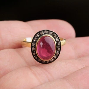 Natural Diamond Ruby Handmade Engagement Ring 18k Gold Plated Silver Ring Size 7 - Picture 1 of 8