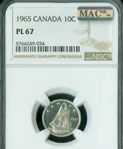 1965 CANADA 10 CENTS NGC PL67 2nd FINEST MAC SPOTLESS . - Picture 1 of 2
