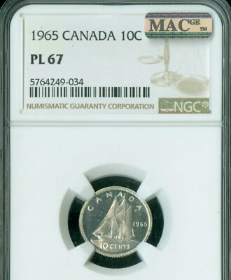 1965 CANADA 10 CENTS NGC PL67 2nd FINEST MAC SPOTLESS  . - Image 1 of 2