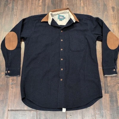 Vintage Woolrich Navy Wool Blend Flannel Shirt Brown Suede Elbow Pads Mens L USA - Image 1 of 4