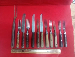 12 antike Holz/Knochen Griff Zinn Intarsien Besteck 3/4 Zinken Gabel Bürgerkrieg Ära - Bild 1 von 16