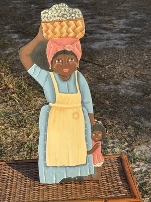 Primitive Wooden Folk Art Mother & Child Hand Painted Shelf Sitter Decor 20” - Image 1 of 4