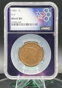1854 1C N-3 Braided Hair Large Cent NGC MS65 - Purple Core! - Picture 1 of 2