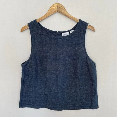 NICOLE MILLER Women’s Size Large 100% Linen Navy Blue Button Back Tank Top NEW - Image 1 of 4