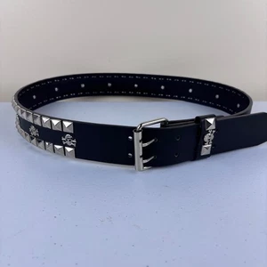 Black Leather Skull Cross Bones Studded Belt 36" Grunge Hot Topic - Picture 1 of 5