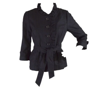 NUEVO CON ETIQUETAS Ann Taylor LOFT Negro Lino/Algodón Volantes Corbata Cintura Peplum Mujer Chaqueta 0 Foto 1 de 4