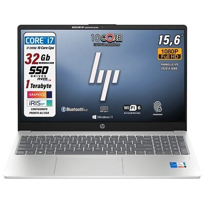 Notebook HP Intel Core i7 1355U 10 Core SSD 1TB RAM 32GB Finger 15,6" FHD Win11 - Immagine 1 di 4