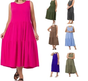 Women's Plus Size Sleeveless Tiered Midi Dress 1X 2X 3X - Picture 1 of 15