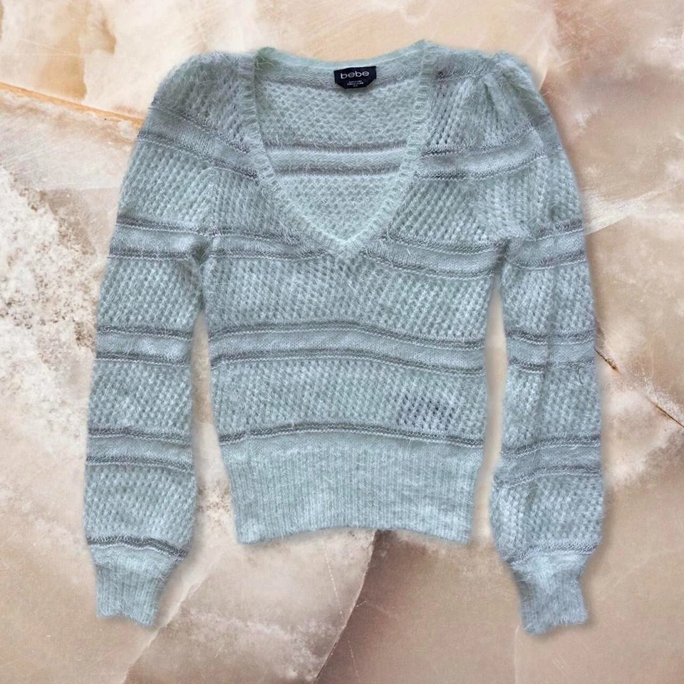 Vintage Y2K Bebe Eyelash Knit Fuzzy Mint Green Silver Open Knit Sweater Size M - Image 1 of 4