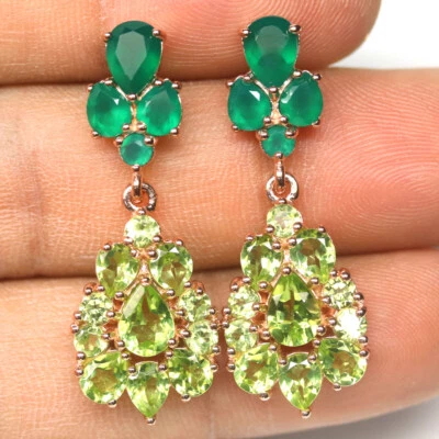 Gemstone Green Peridot & Agate Earrings 925 Silver Rose Gold - Image 1 of 4