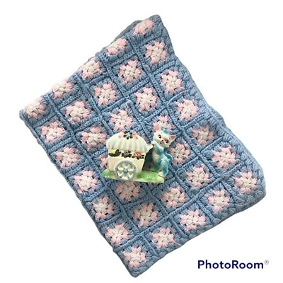 Hand Crocheted Baby Blanket/ Nursery Throw Boy Or Girl Pink & Blue 36x30 Soft - Image 1 of 4