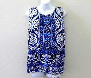 Blusa Top Boho Alta Hippie Sin Mangas Azul Estampado Batik Talla L Nueva con Etiquetas - Imagen 1 de 4