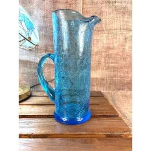 Vintage Blue Turquoise Colored Crackle Art Glass Pitcher/Vase -MCM - Picture 1 of 9
